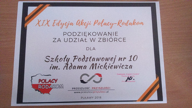Dyplom dla SP 10 za udział w akcji Polacy - Rodakom.jpg